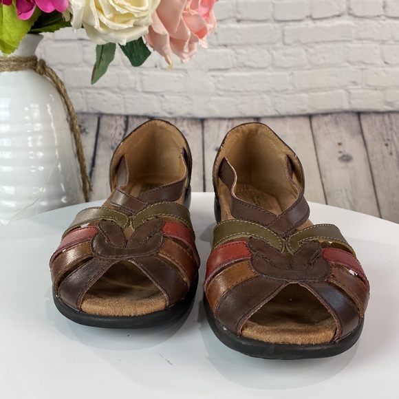 DREXLITE LEATHER CLASSIC Brown Red Green Leather Sandal Flats - Picture 3 of 17
